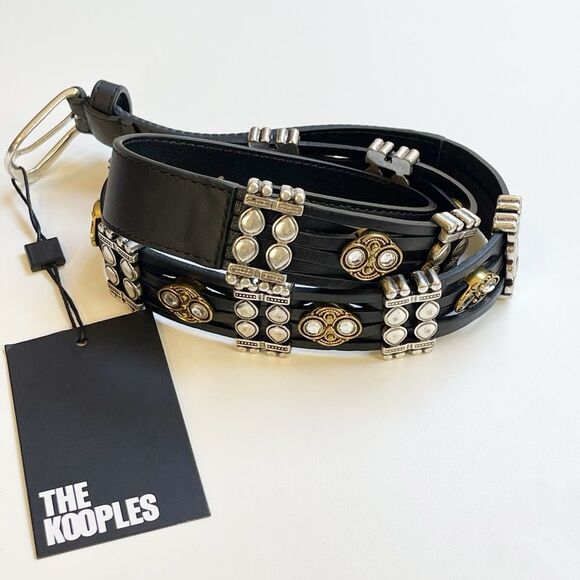The Kooples black Leather embellished silver, gold, crystals Belt with rivets - Picture 3 of 12